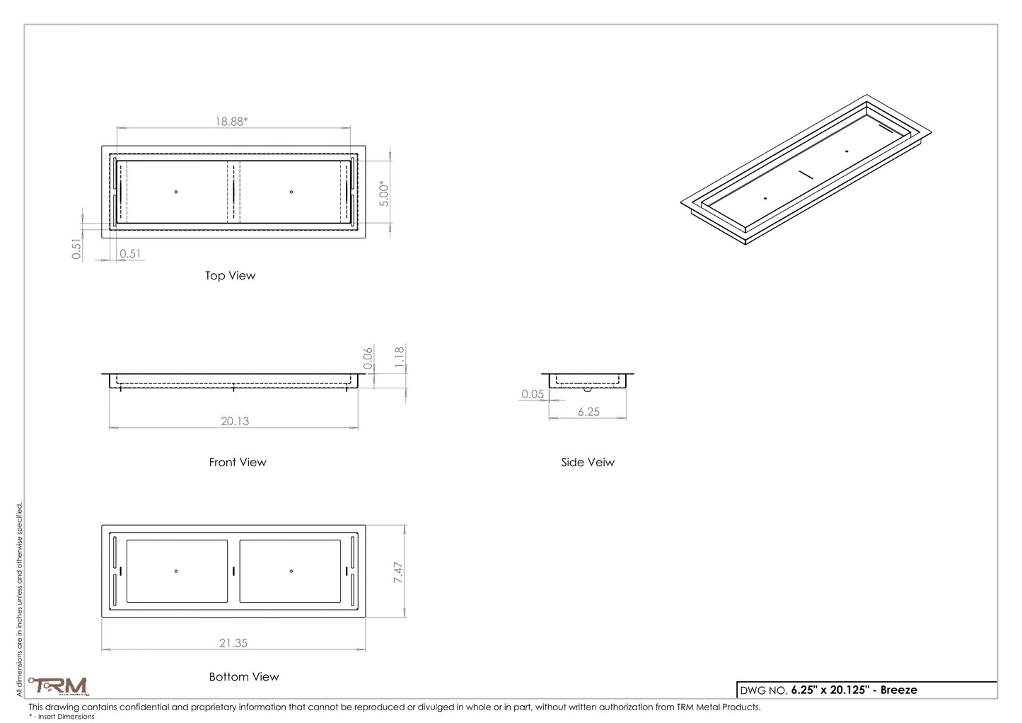 6.25 x 20.125 - Breeze Model - Drop-in Air Vent, Floor-Matching, All Metal, Air Vent Cover