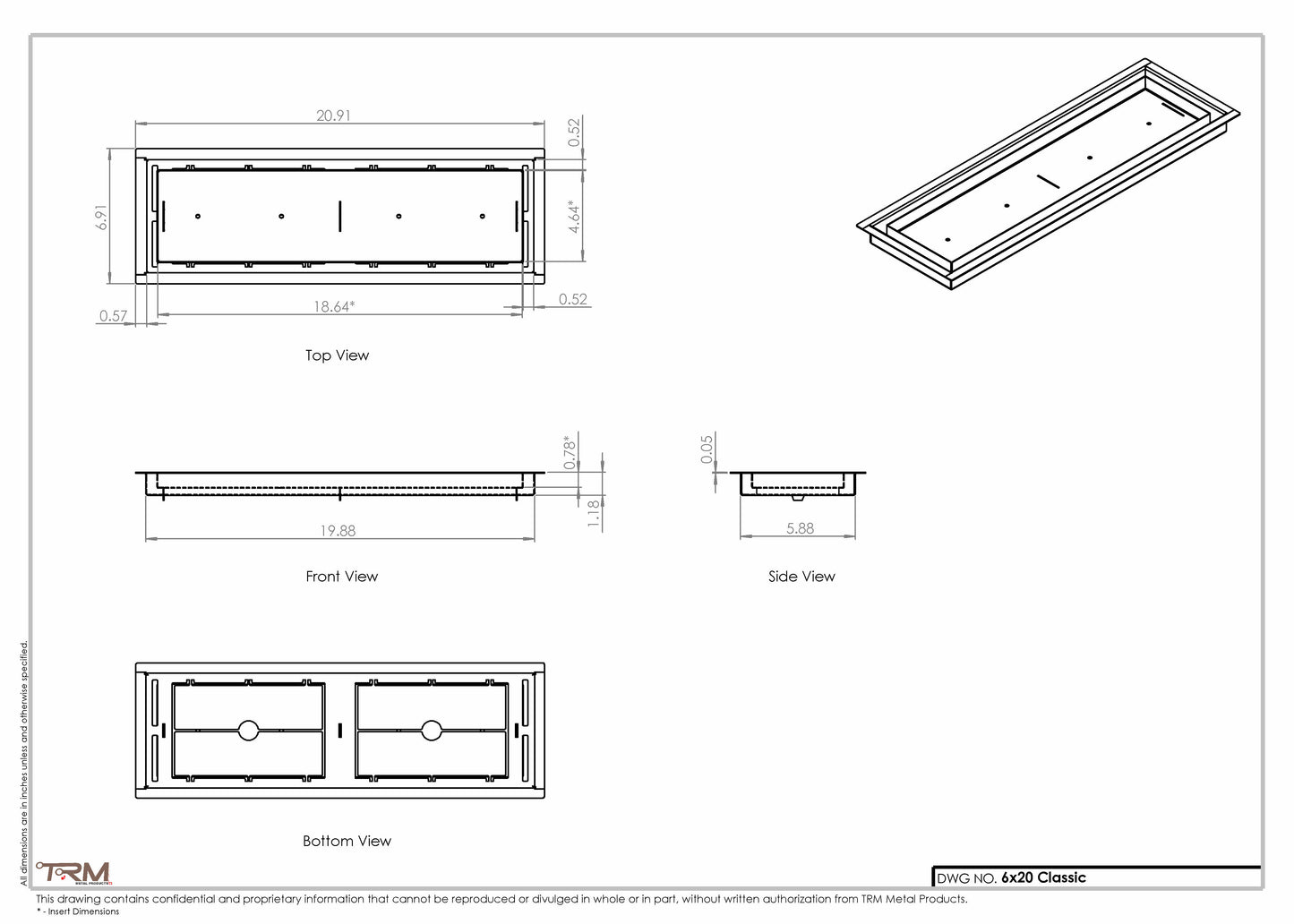 6x20 Classic Drop-in Air Vent, Flush Floor-Matching, All Metal, Floor Vent Cover (20x6)