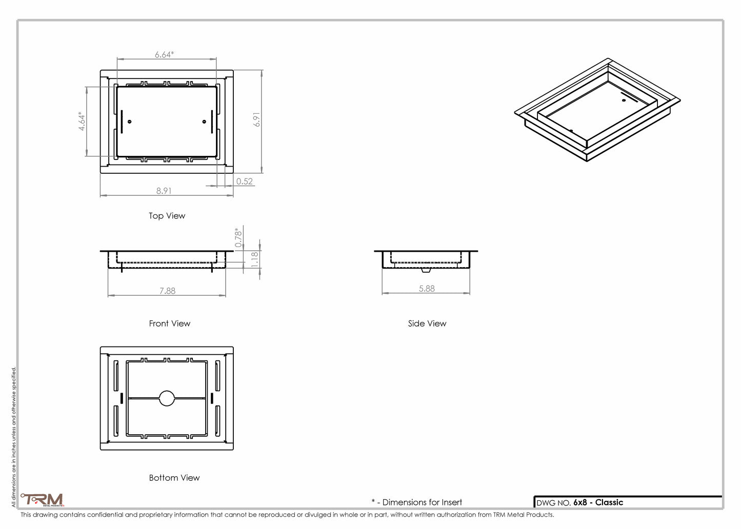 6x8 Classic Drop-in Air Vent, Flush Floor-Matching, All Metal, Floor Vent Cover (8x6)