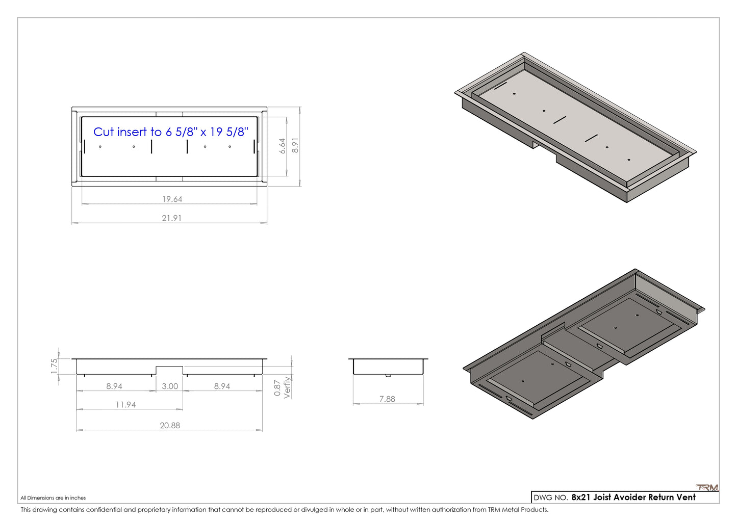 8x21 Joist Avoider Drop-in Air Vent, Flush Floor-Matching, All Metal, Floor Vent Cover (21x8)
