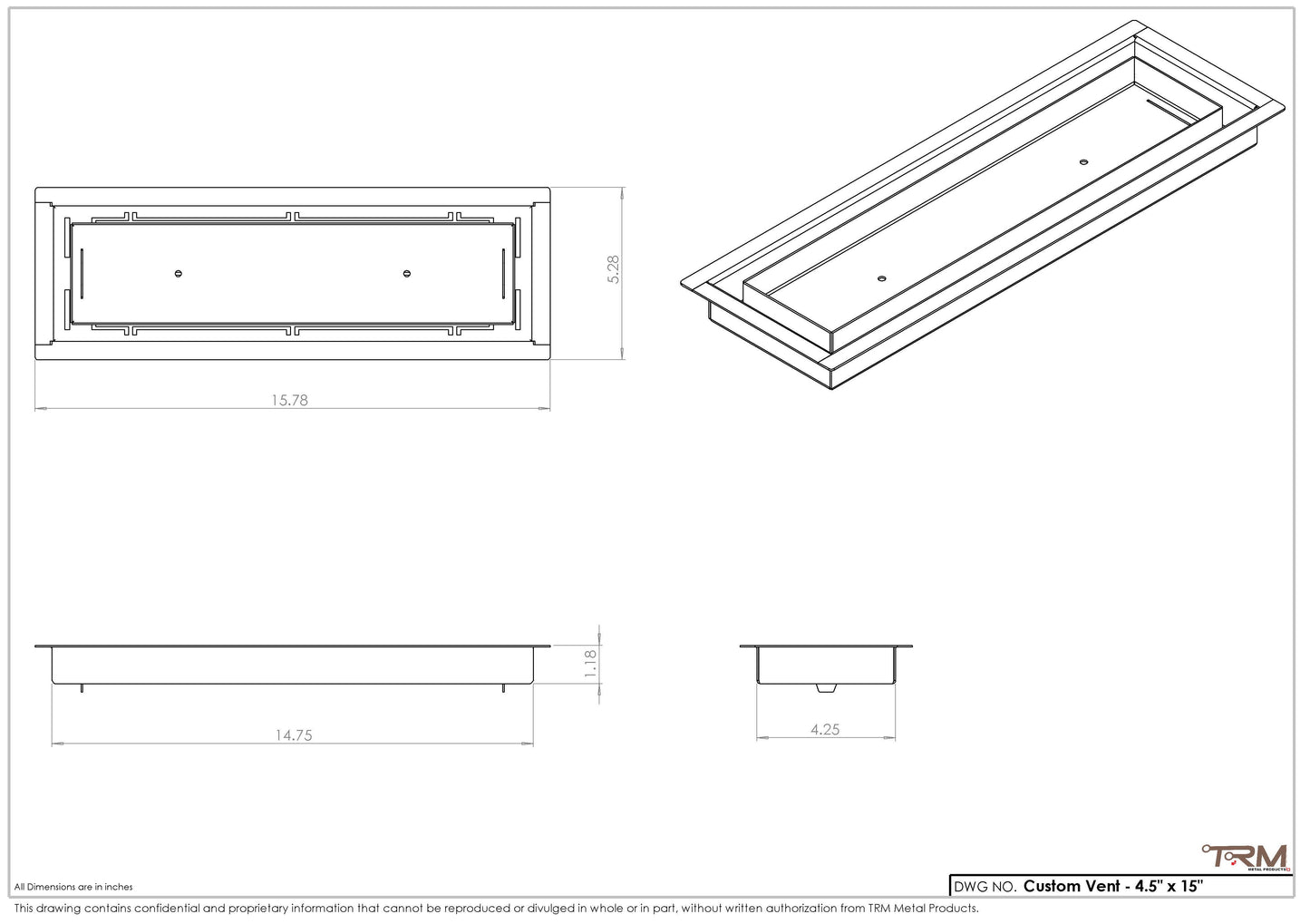 4.5 x 15 Classic Drop-in Air Vent, Flush Floor-Matching, All Metal, Floor Vent Cover