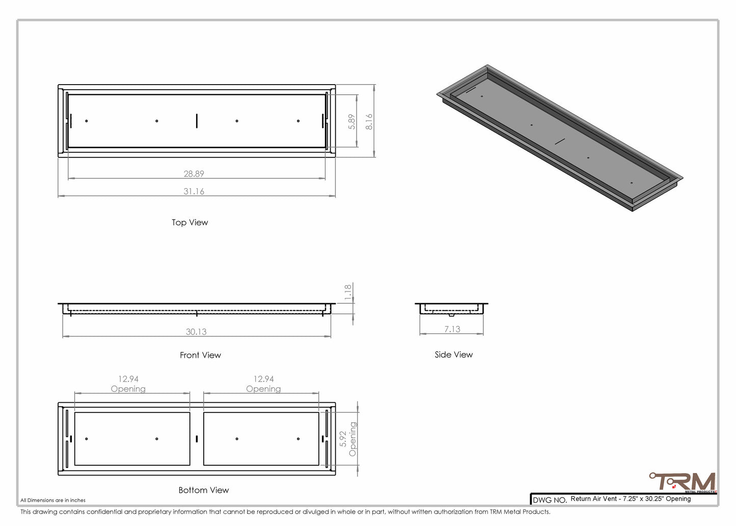 7.25" x 30.25" Classic Drop-in Air Vent, Flush Floor-Matching, All Metal, Floor Vent Cover