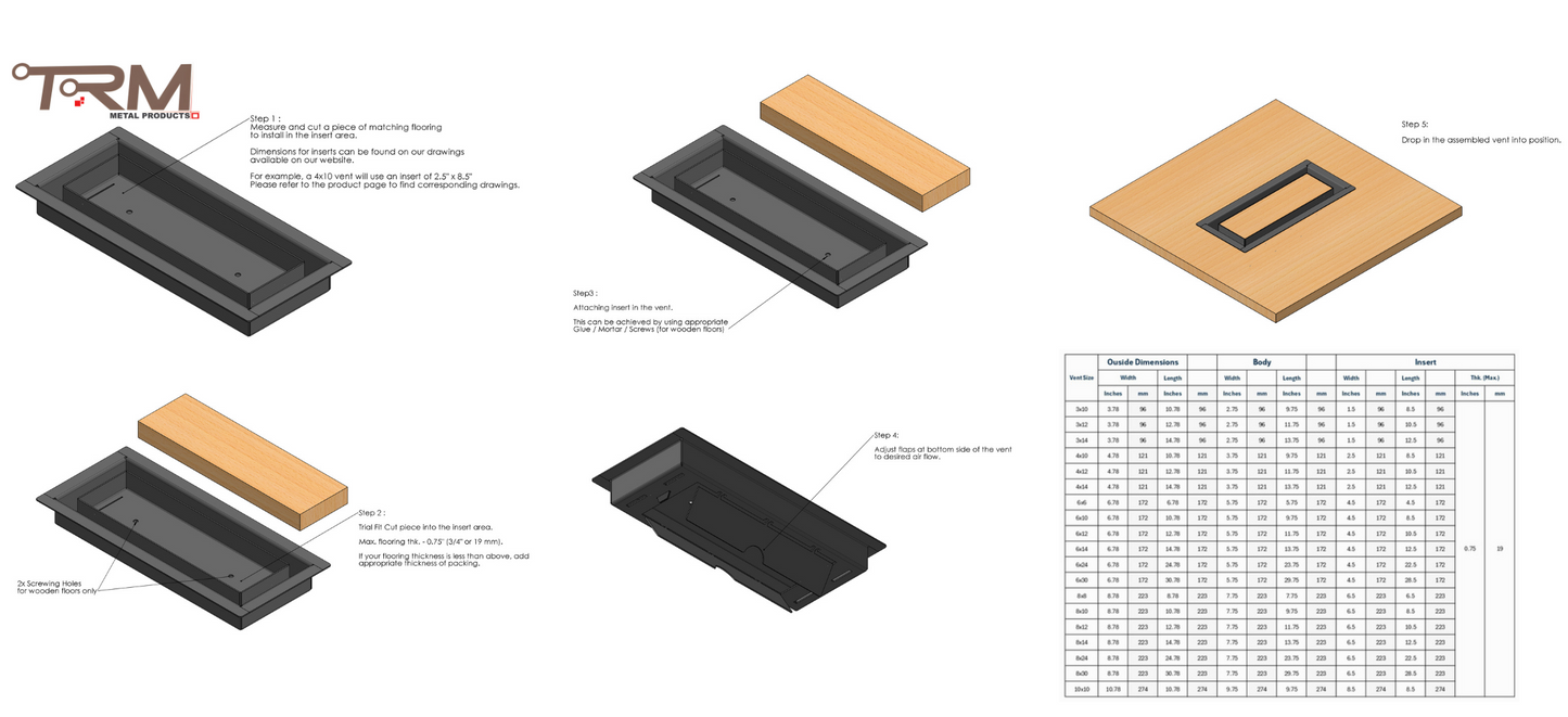 10x10 Classic Drop-in Air Vent, Flush Floor-Matching, All Metal, Floor Vent Cover