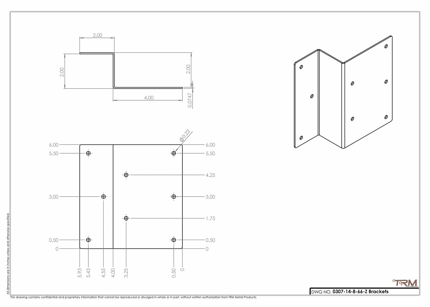 Z bracket dimensions drawing - 6 inch height, 4 and 2 inch faces, 2 inch offset, hole spacing