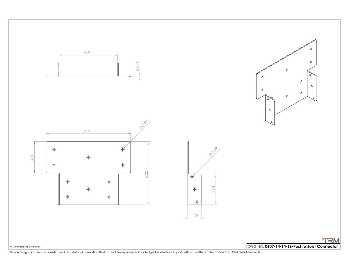 6x6 post to beam connector bracket dimension drawing, 14 gauge steel