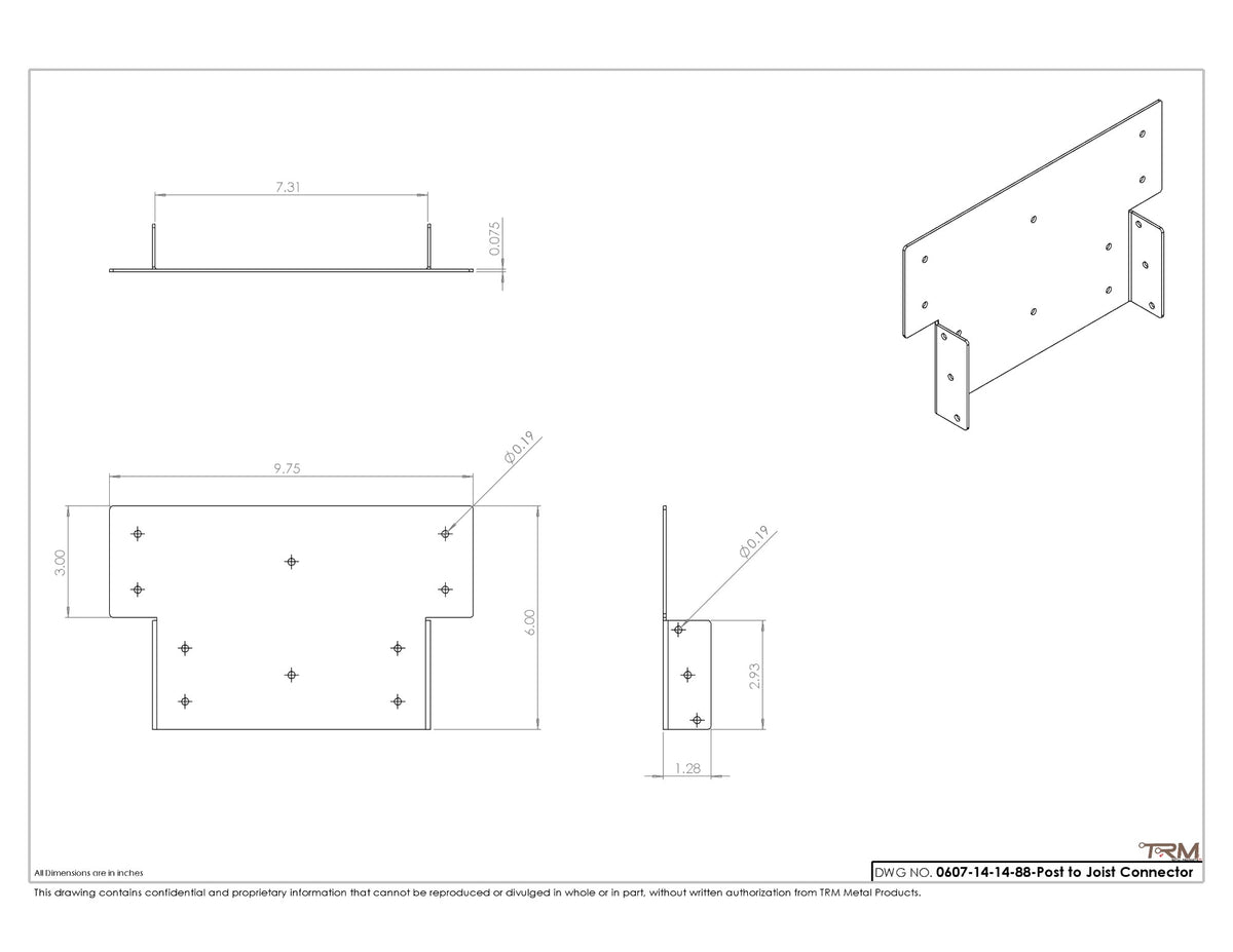 8x8 post to beam connector bracket dimension drawing, 14 gauge steel