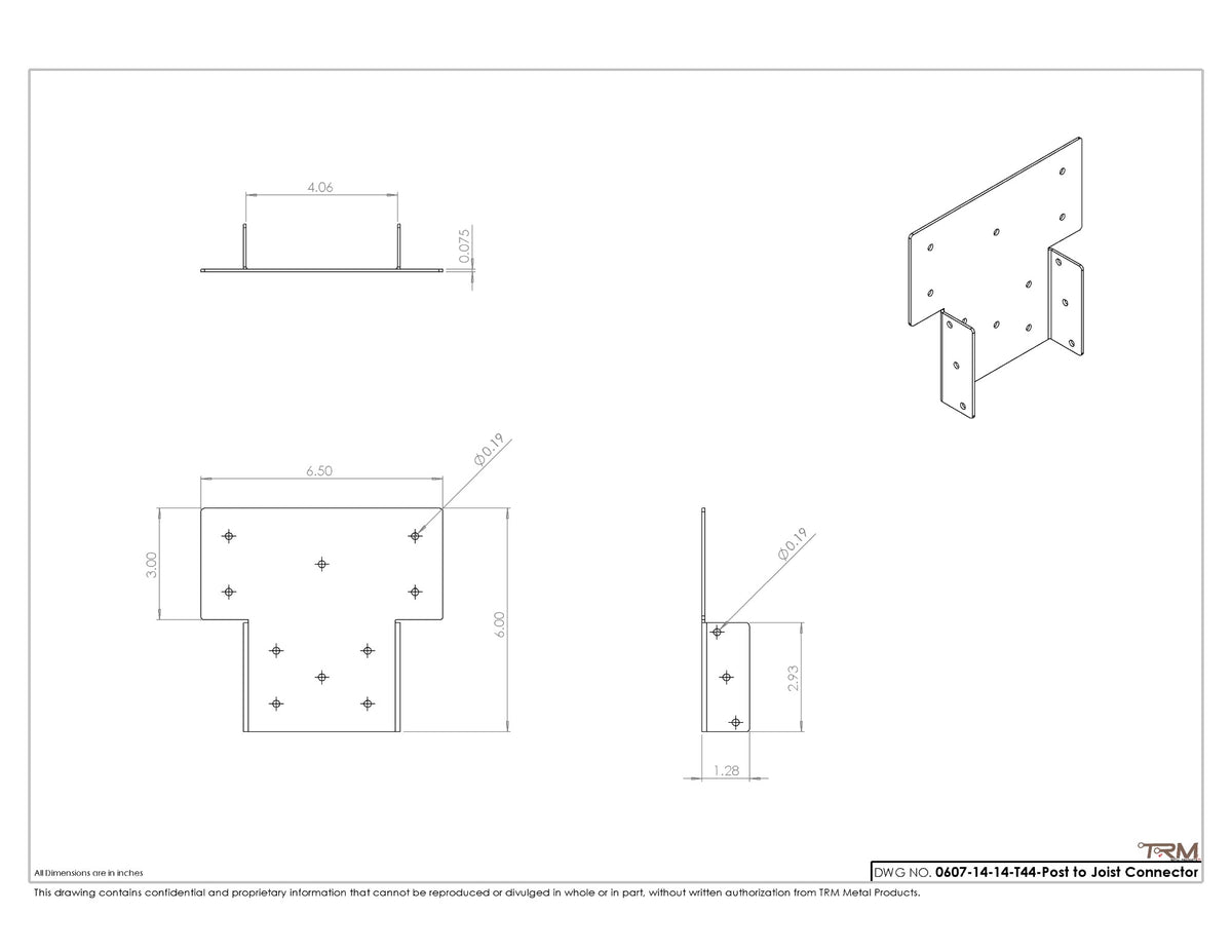 True 4x4 post to beam connector bracket dimension drawing, 14 gauge steel