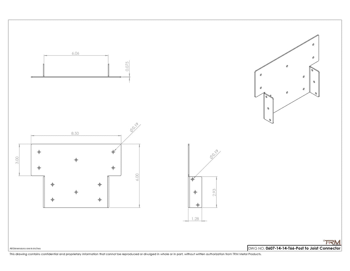 True 6x6 post to beam connector bracket dimension drawing, 14 gauge steel