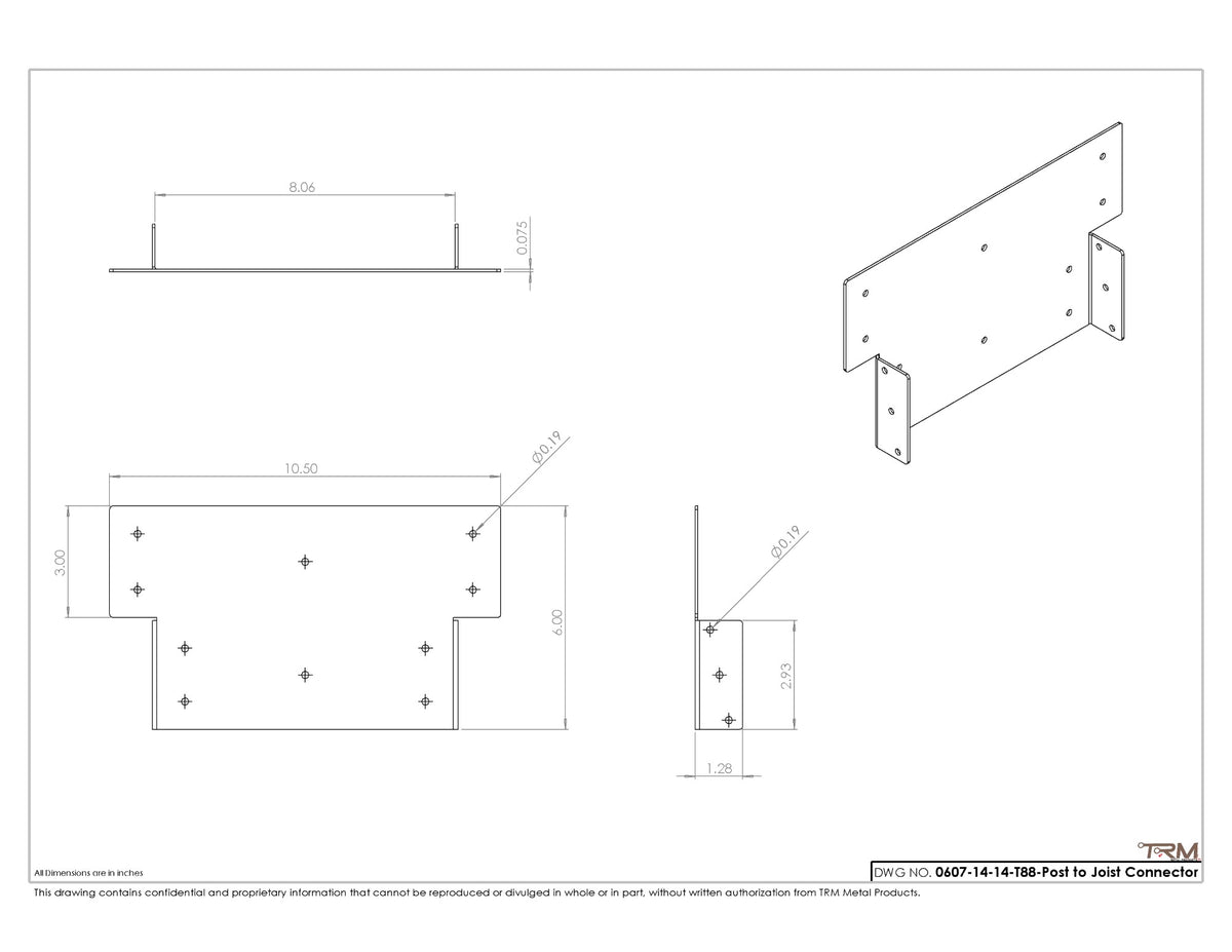 True 8x8 post to beam connector bracket dimension drawing, 14 gauge steel