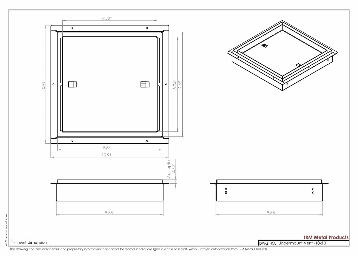 10x10 Undermount Air Vent, Floor - Matching, All Metal, Flush Floor Vent Cover (10x10) - TRM Metal Products