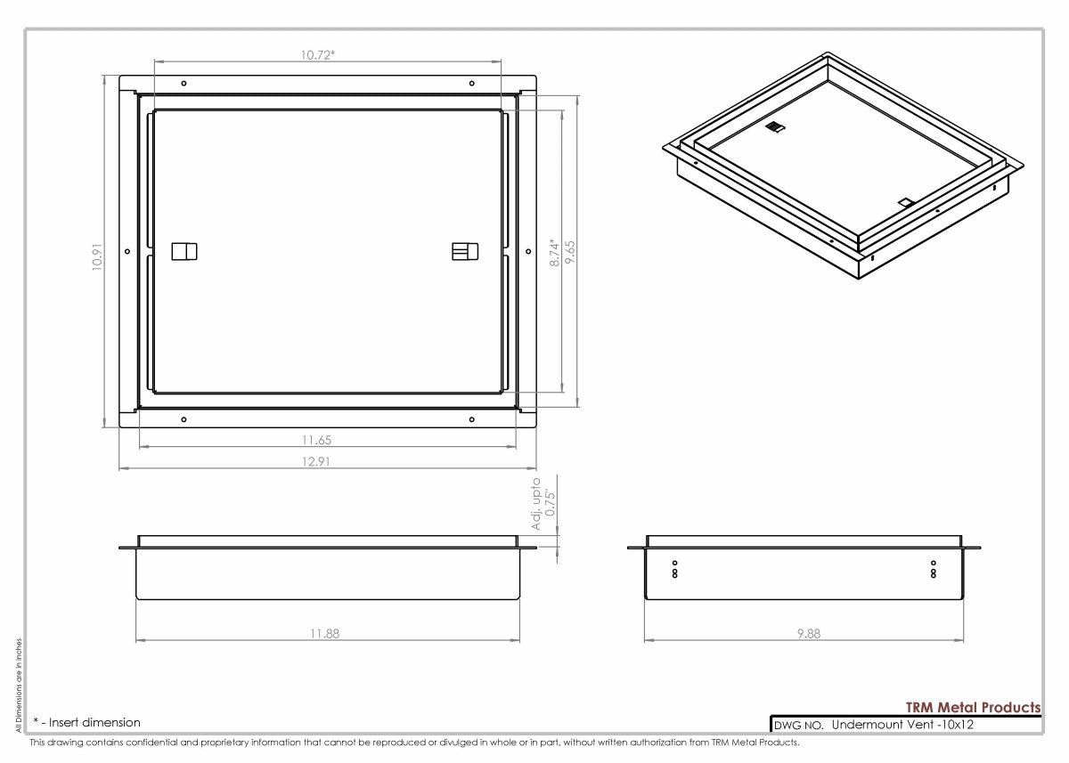 10x12 Undermount Air Vent, Floor - Matching, All Metal, Flush Floor Vent Cover (12x10) - TRM Metal Products