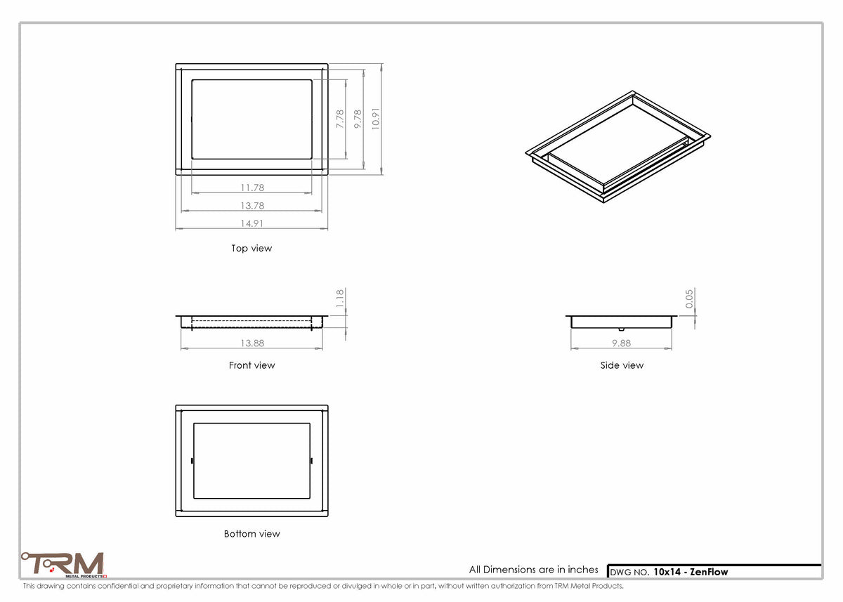 10x14 ZenFlow floor register, dimensions drawing