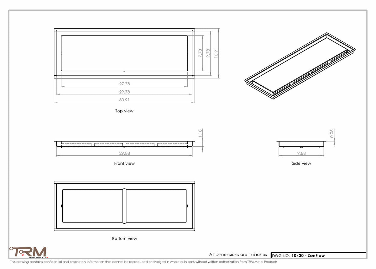 10x30 ZenFlow floor register, dimensions drawing