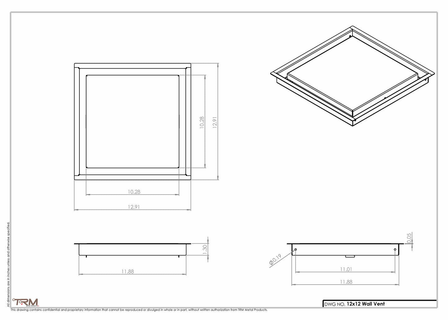 12x12- Wall Vent - Modern Vent Cover - TRM Metal