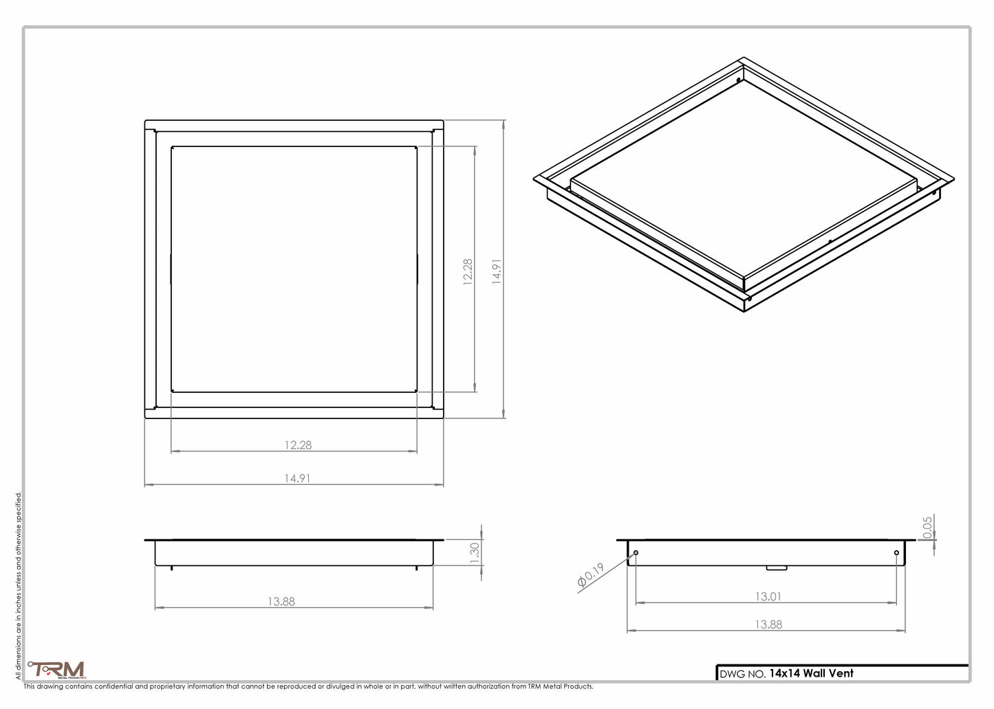 14x14- Wall Vent - Modern Vent Cover - TRM Metal