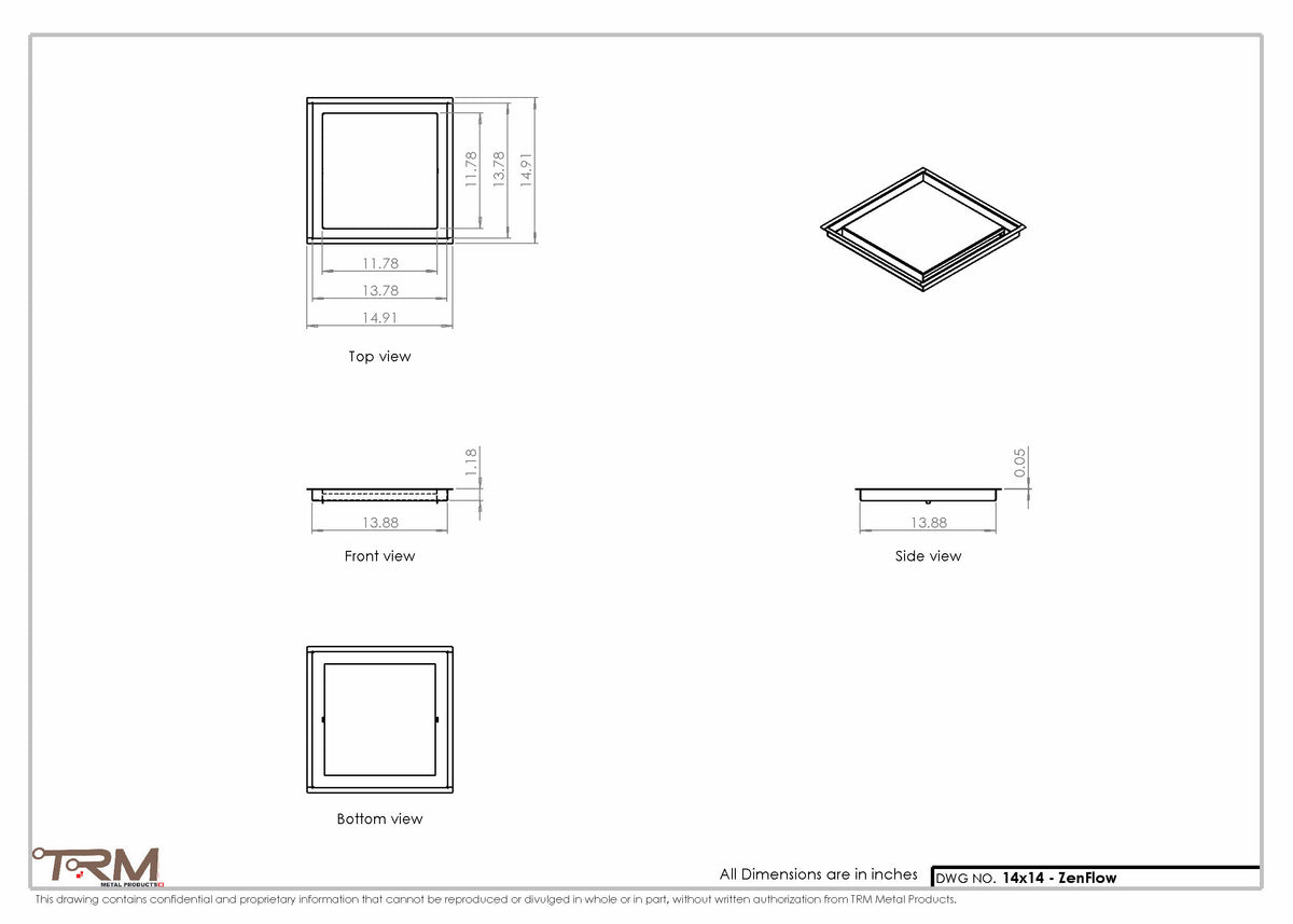 14x14 ZenFlow floor register, dimensions drawing