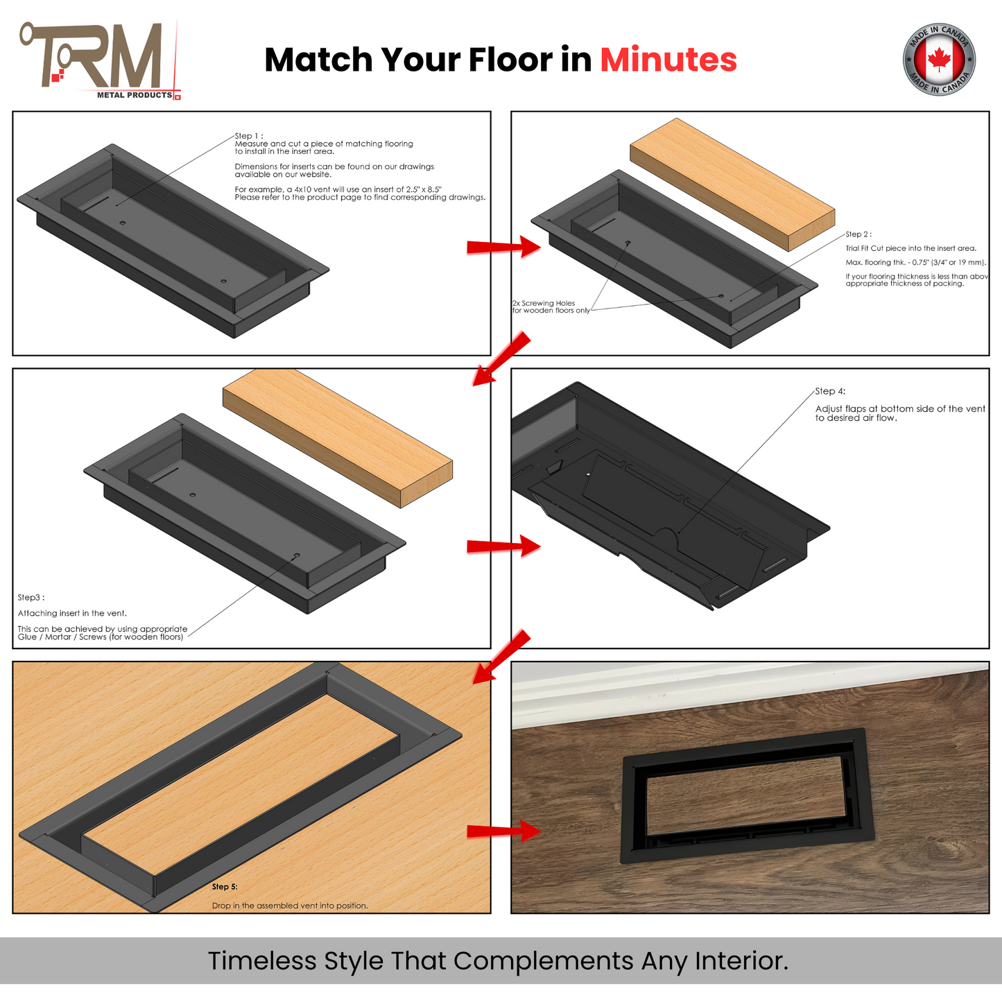 16.5x64.5 - Classic Drop-in Air Vent, Flush Floor-Matching, All Metal, Floor Vent Cover - TRM Metal  64.5x16.5
