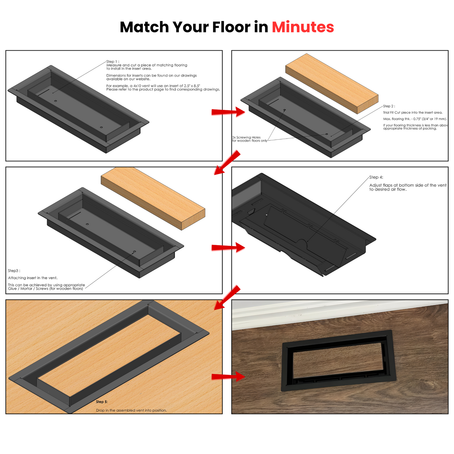 4x61 Classic Drop-in Air Vent, Flush Floor-Matching, All Metal, Floor Vent Cover (61x4)