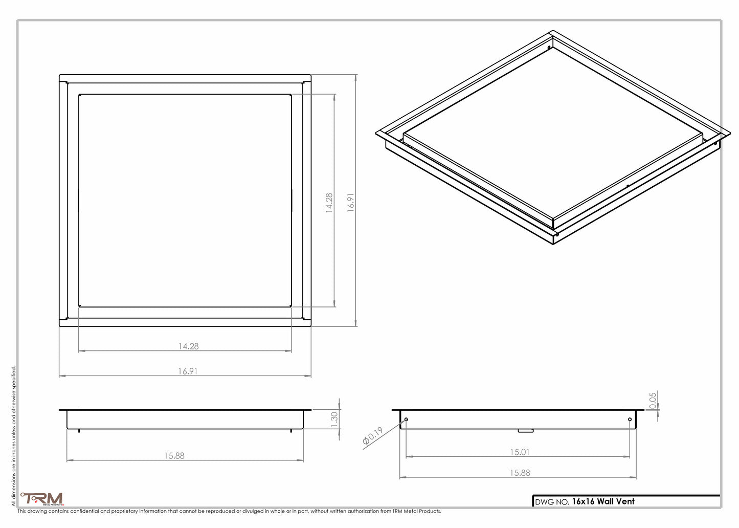 16x16- Wall Vent - Modern Vent Cover - TRM Metal