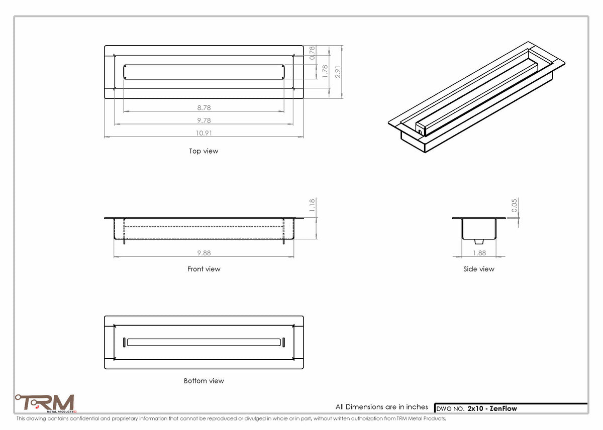 2x10 ZenFlow floor register, dimensions drawing