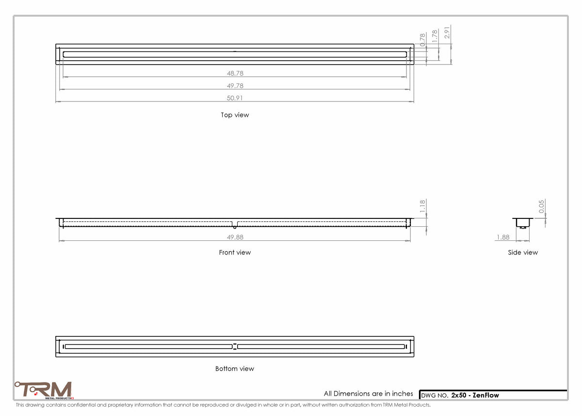 2x50 ZenFlow floor register, dimensions drawing