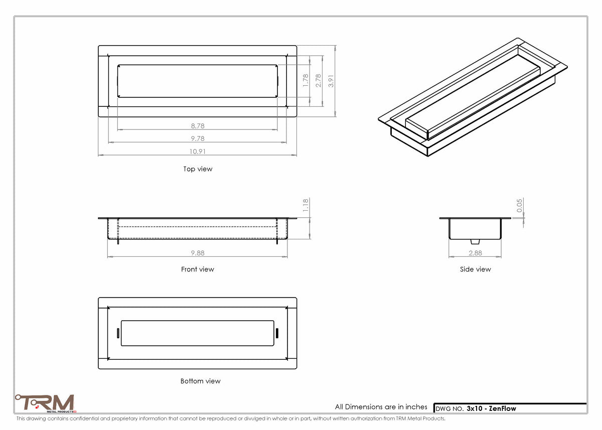 3x10 ZenFlow floor register, dimensions drawing