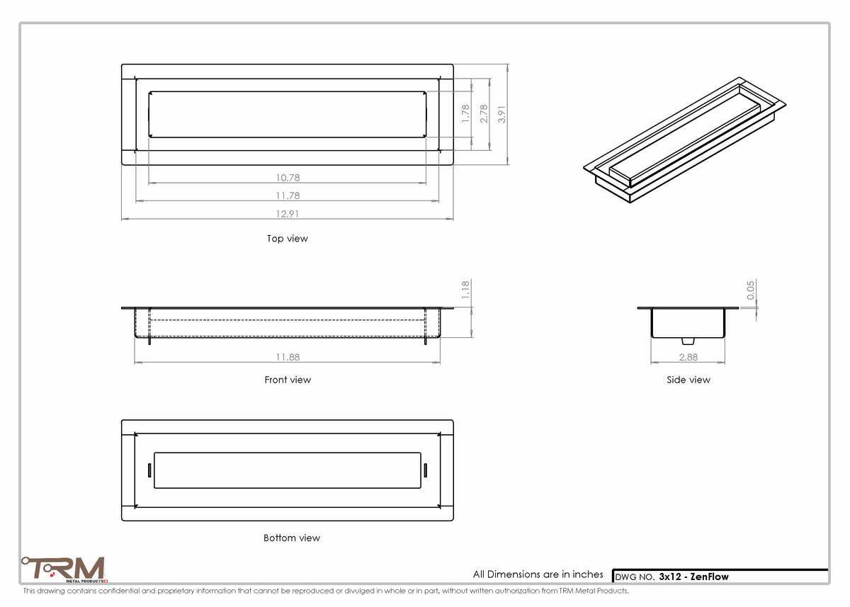 3x12 ZenFlow floor register, dimensions drawing