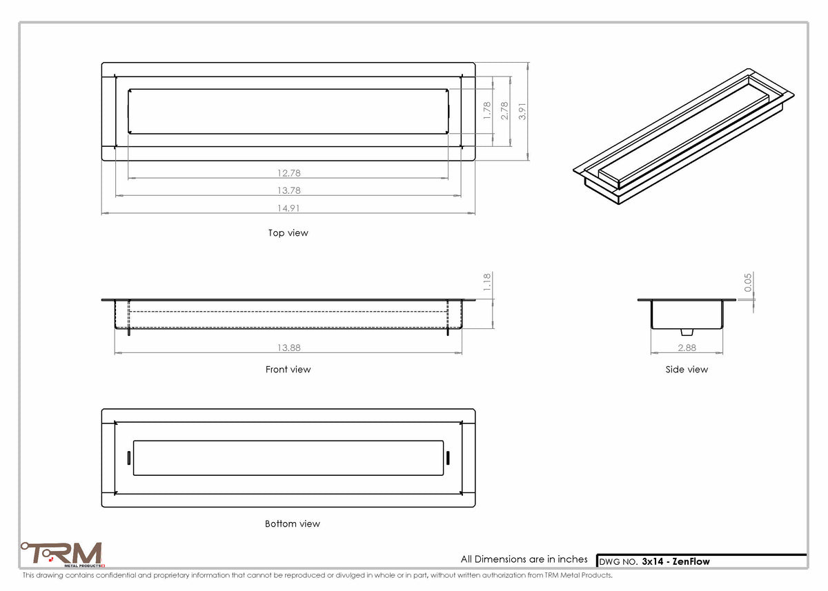 3x14 ZenFlow floor register, dimensions drawing