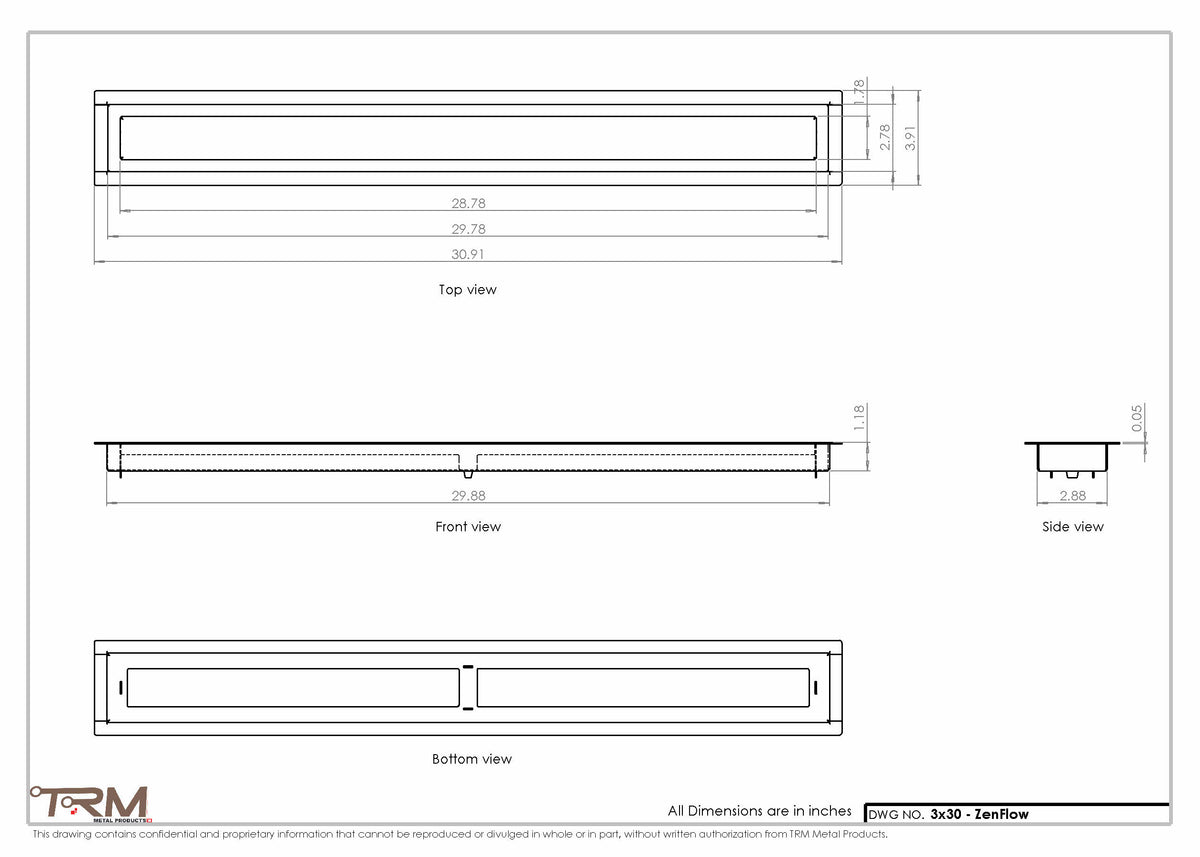 3x30 ZenFlow floor register, dimensions drawing