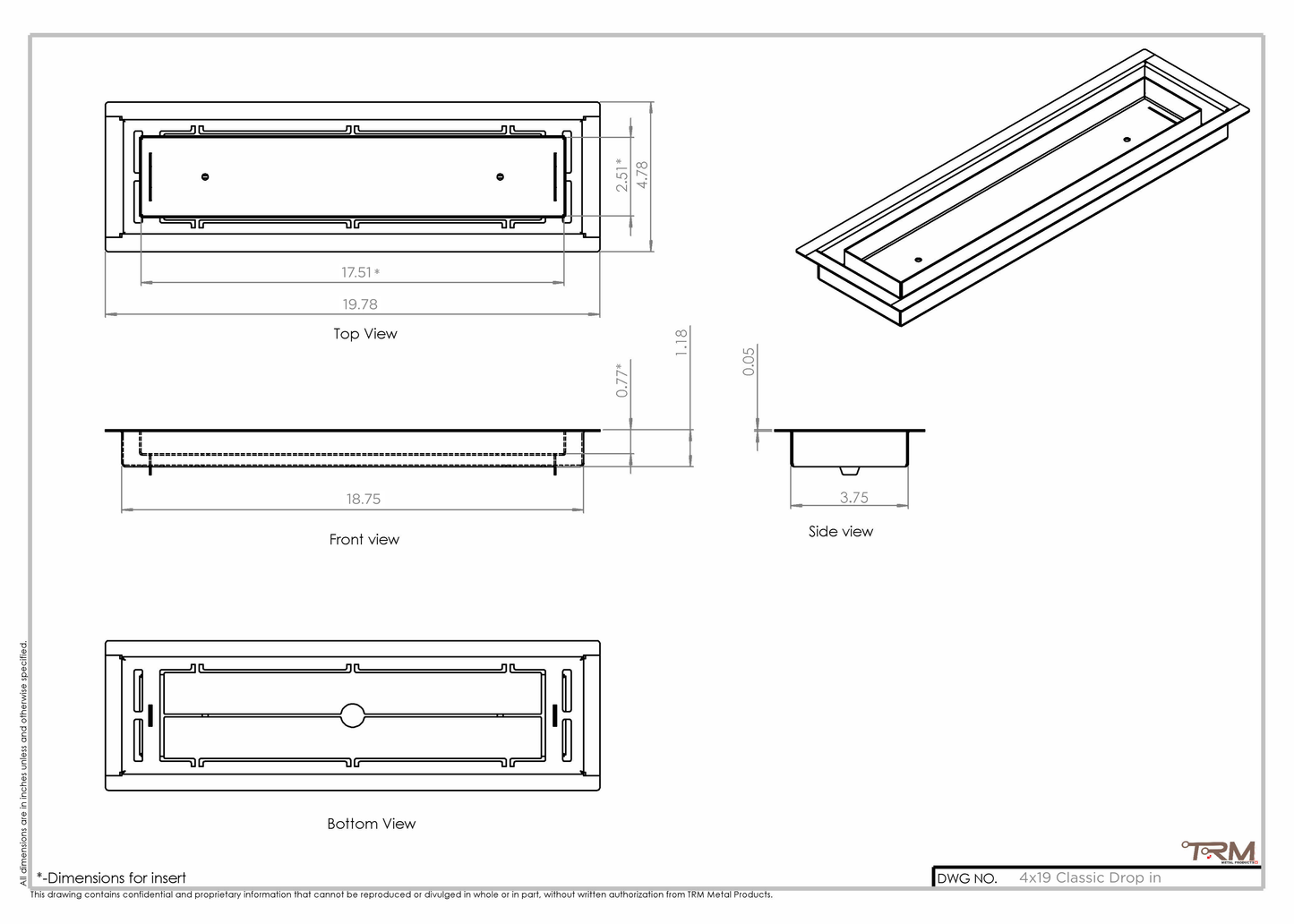 4x19 Classic Drop-in Air Vent, Flush Floor-Matching, All Metal, Floor Vent Cover (19x4)