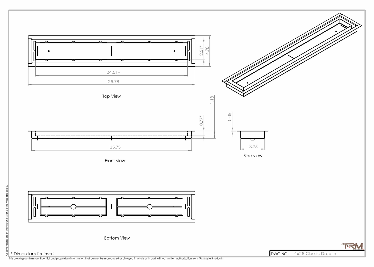 4x26 Classic Drop-in Air Vent, Flush Floor-Matching, All Metal, Floor Vent Cover (26x4)