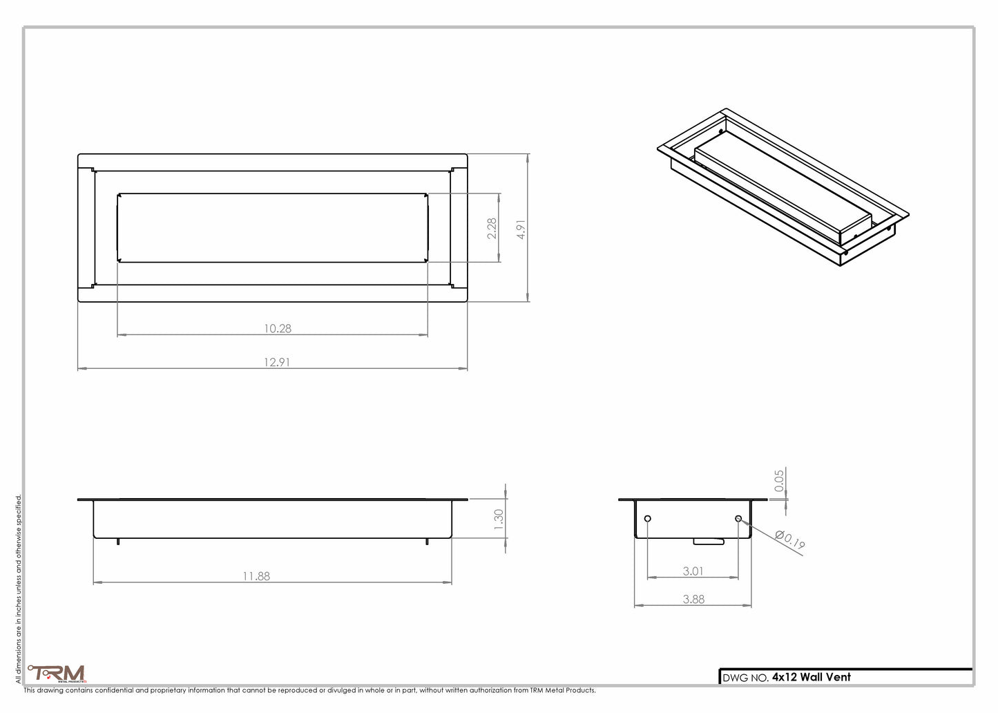 4x12 - Wall Vent - Modern Vent Cover -  Return Air Vent - TRM Metal