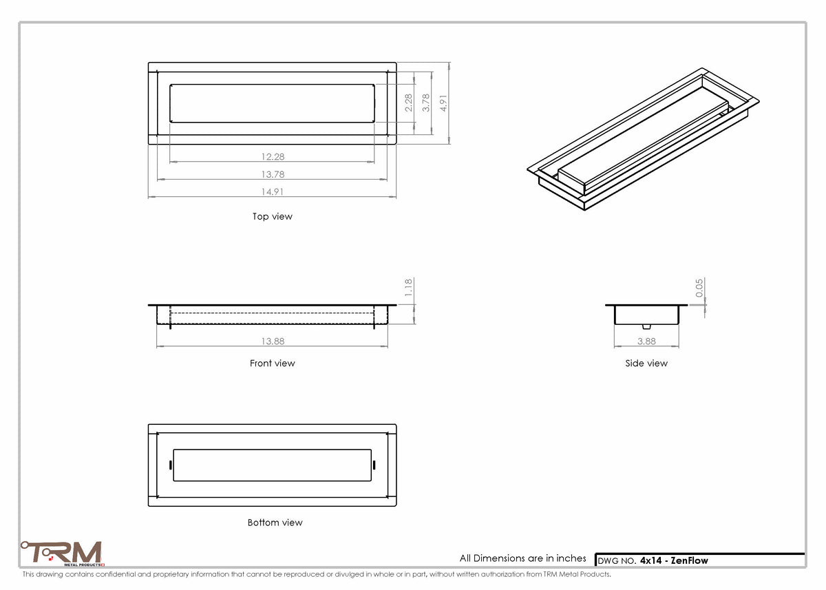 4x14 ZenFlow floor register, dimensions drawing