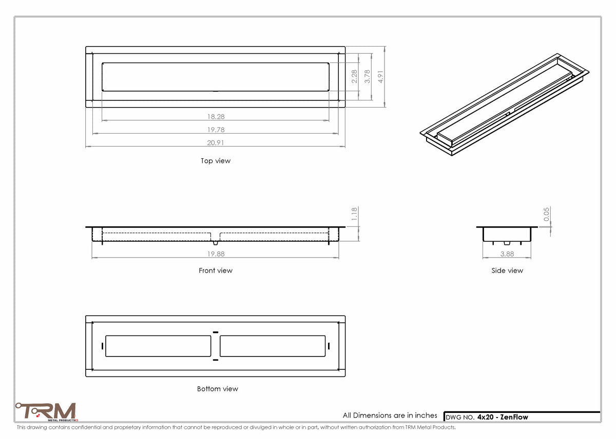 4x20 ZenFlow floor register, dimensions drawing