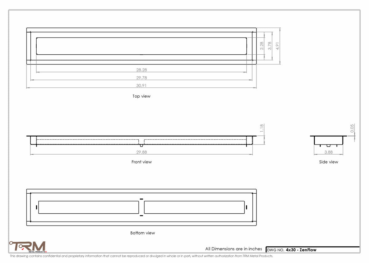 4x30 ZenFlow floor register, dimensions drawing