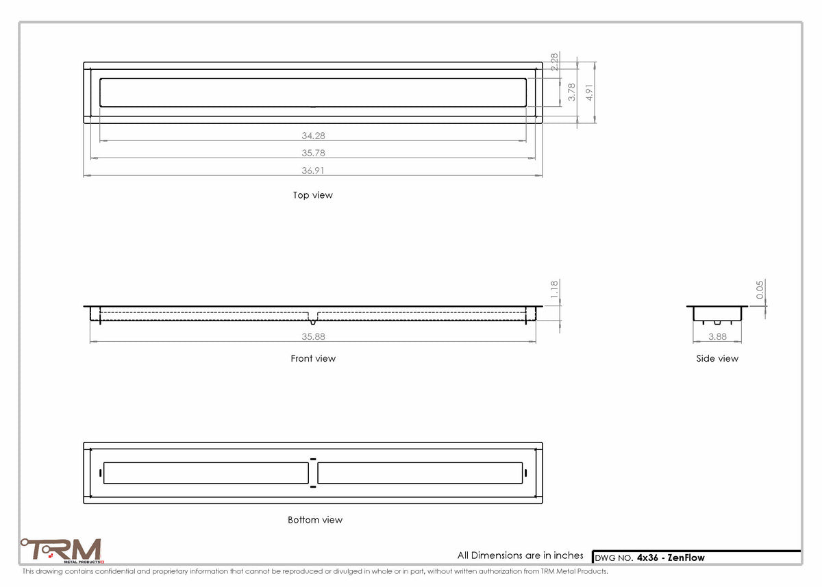 4x36 ZenFlow floor register, dimensions drawing
