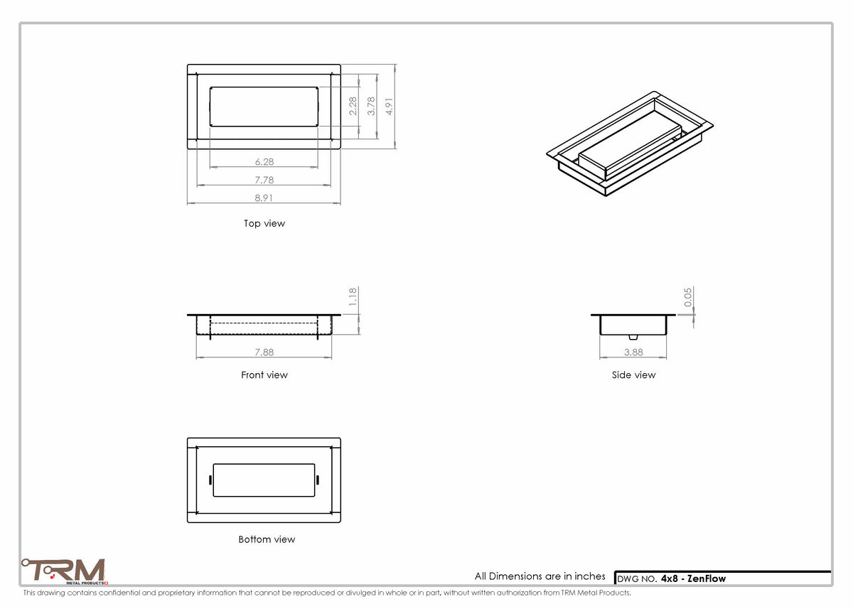 4x8 ZenFlow floor register, dimensions drawing