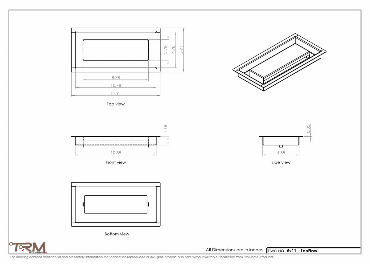 5x11 ZenFlow floor register, dimensions drawing