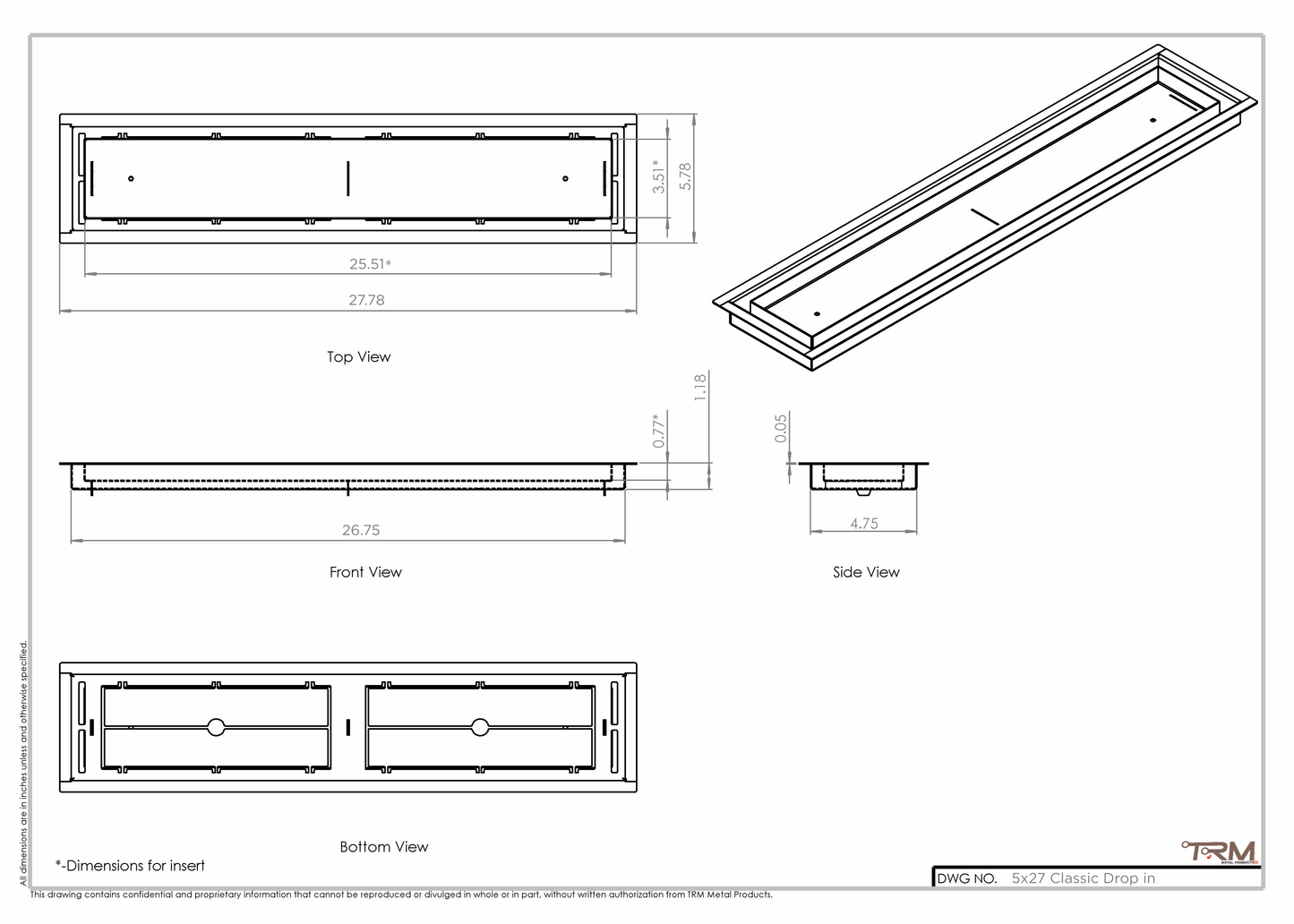 5x27 Classic Drop-in Air Vent, Flush Floor-Matching, All Metal, Floor Vent Cover (27x5)