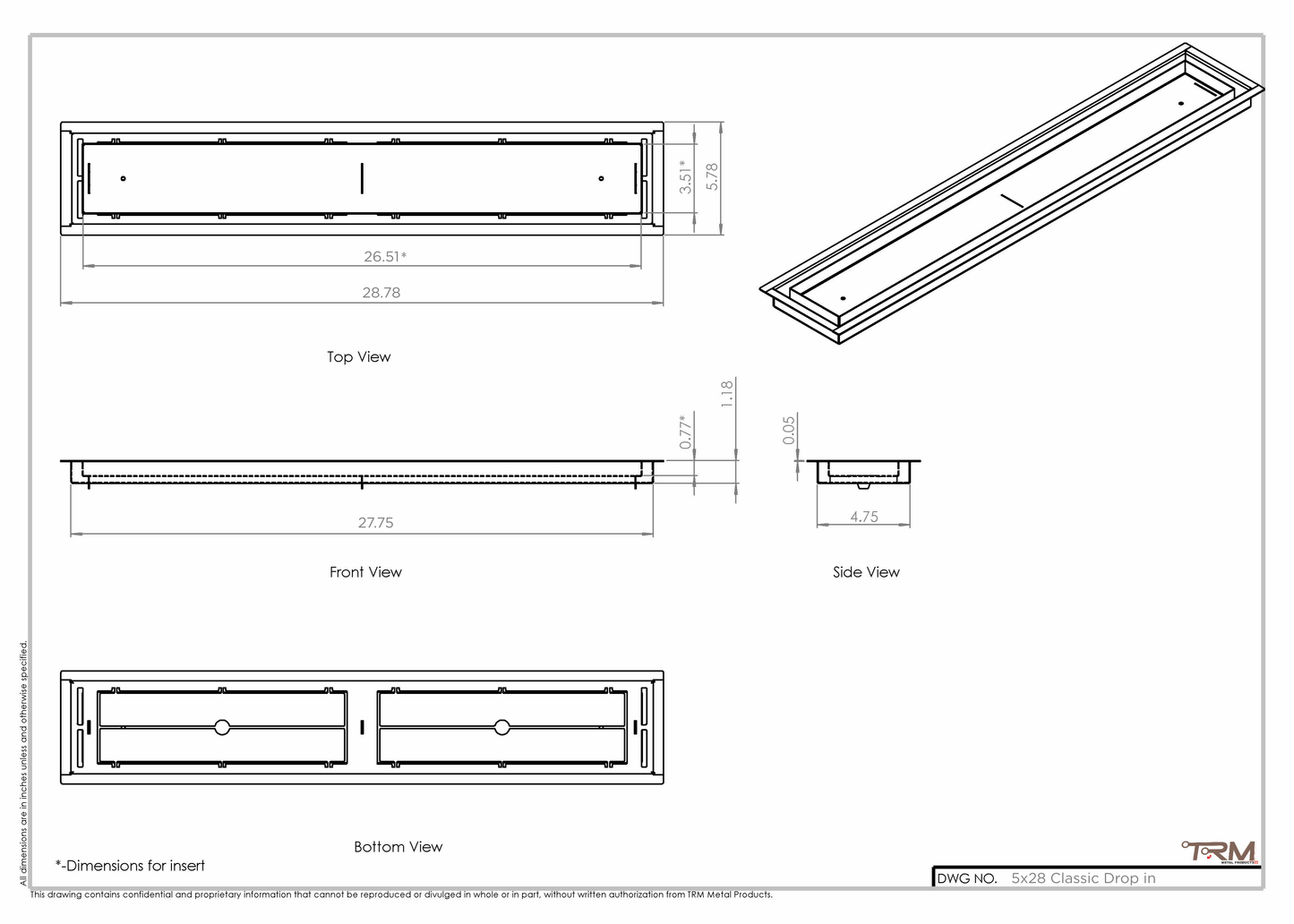 5x28 Classic Drop-in Air Vent, Flush Floor-Matching, All Metal, Floor Vent Cover (28x5)