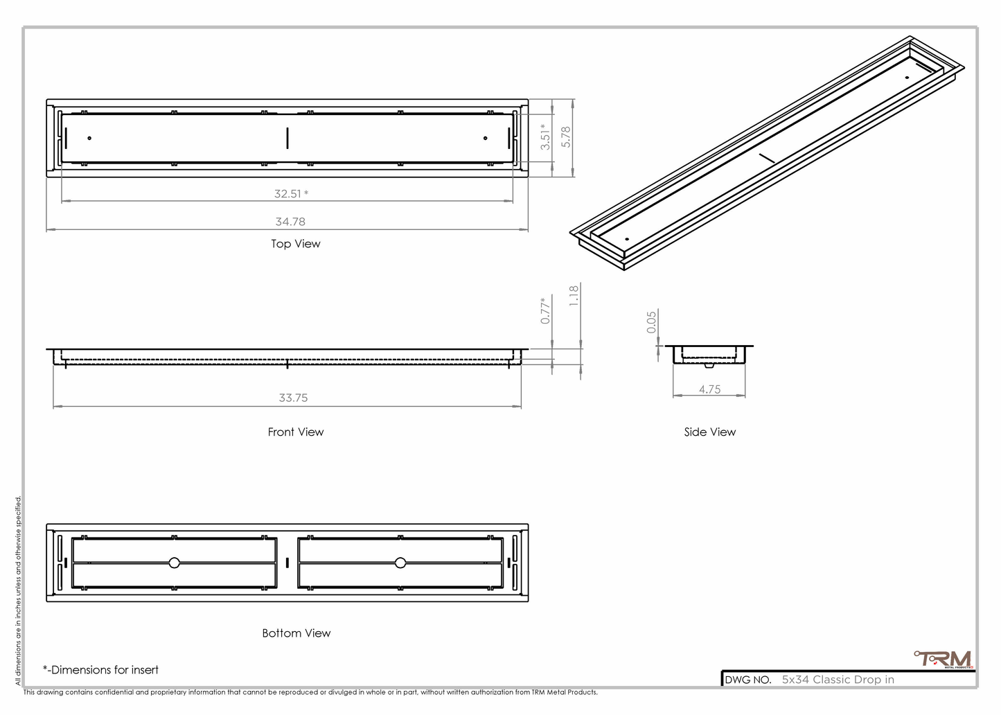 5x34 Classic Drop-in Air Vent, Flush Floor-Matching, All Metal, Floor Vent Cover (34x5)