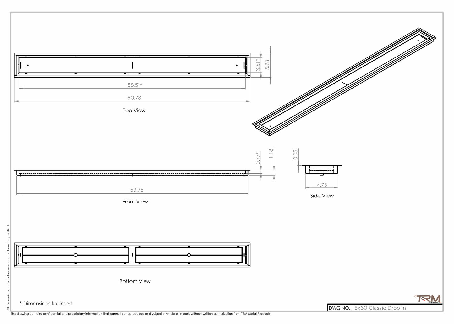 5x60 Classic Drop-in Air Vent, Flush Floor-Matching, All Metal, Floor Vent Cover (60x5)