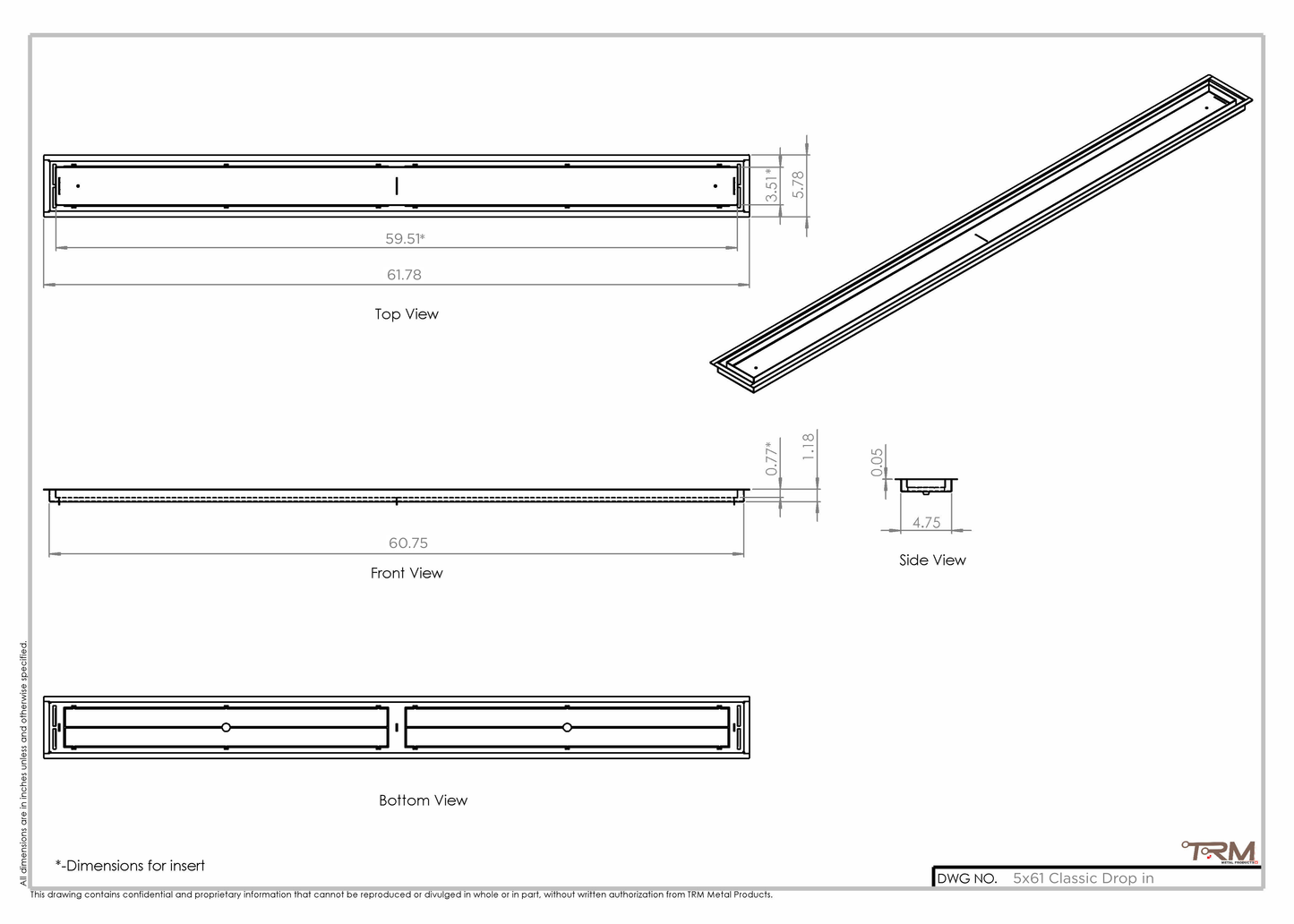 5x61 Classic Drop-in Air Vent, Flush Floor-Matching, All Metal, Floor Vent Cover (61x5)