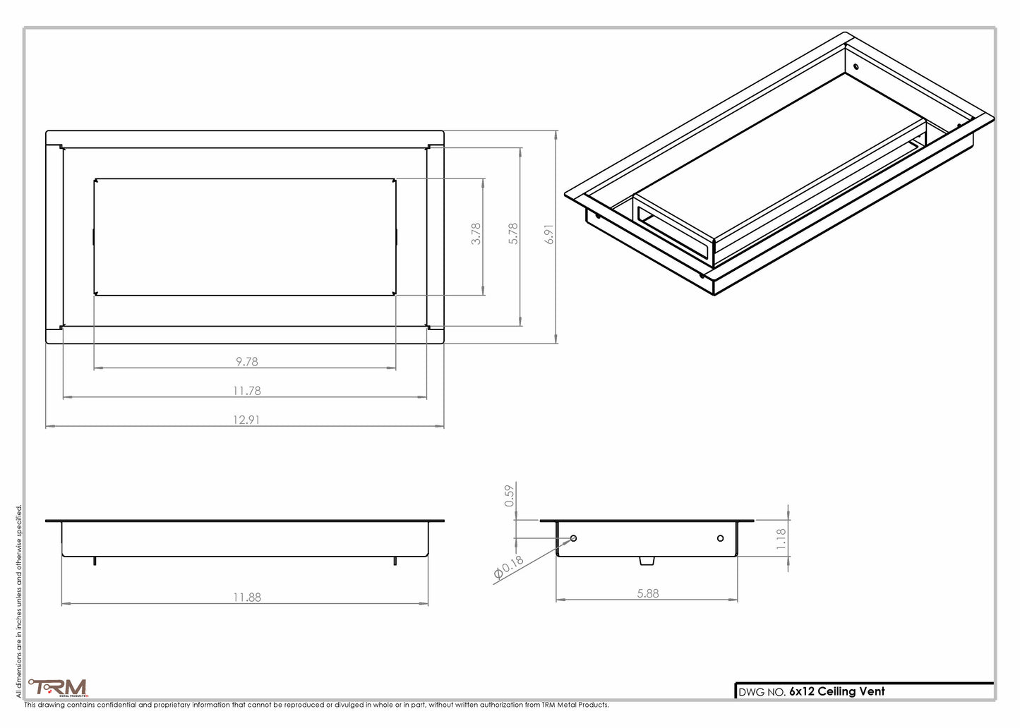 6x12  - Modern Ceiling Vent Cover - TRM Metal - 12x6