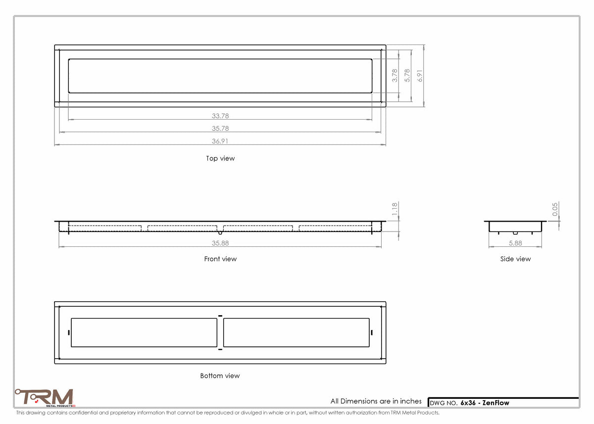 6x36 ZenFlow floor register, dimensions drawing