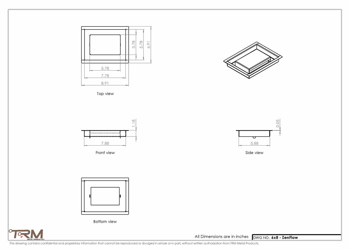 6x8 ZenFlow floor register, dimensions drawing