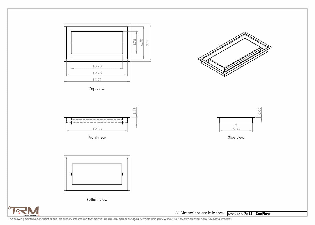 7x13 ZenFlow floor register, dimensions drawing