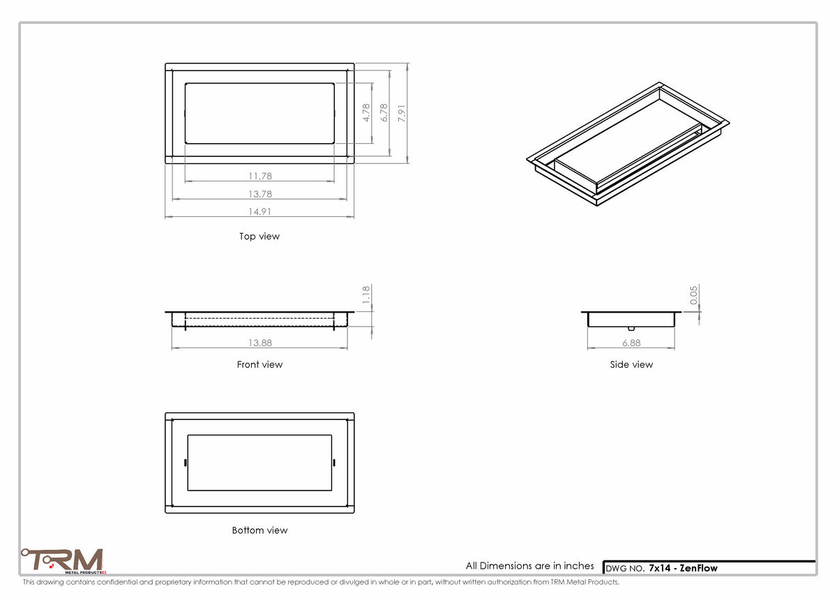 7x14 ZenFlow floor register, dimensions drawing