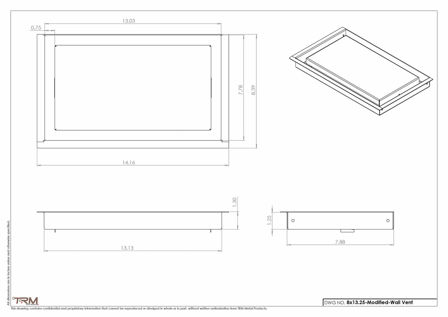 8x13.25 Modified No Bottom Flange Return Flow - Wall Vent - Modern Vent Cover - TRM Metal
