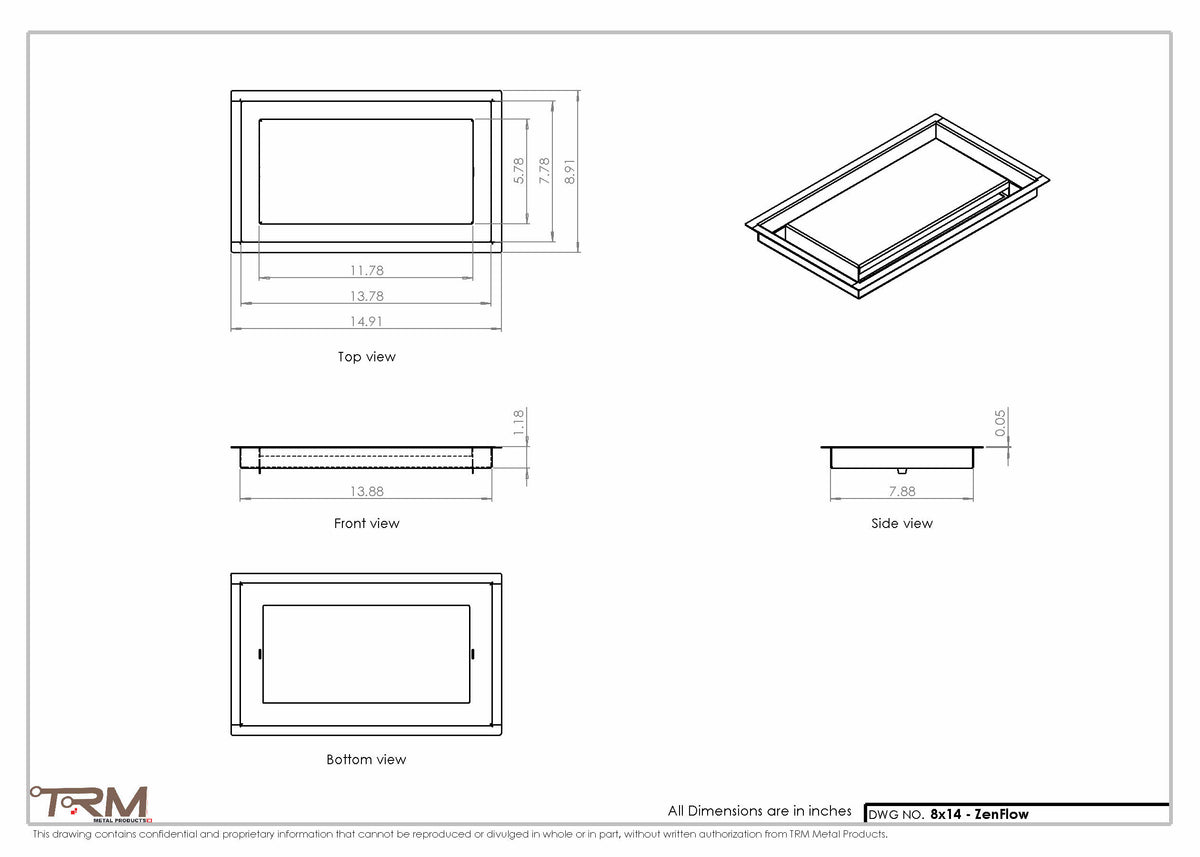8x14 ZenFlow floor register, dimensions drawing